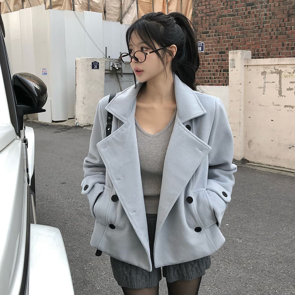 재고 있음 한 부서 가을 겨울 새로운 레트로 다용도 학원 스타일 폴로 칼라 이중 버튼 솜을 넣은 짧은 머리 여성 코트 이미지 2