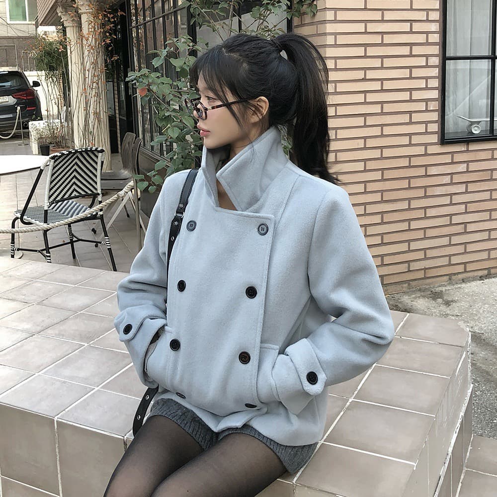 재고 있음 한 부서 가을 겨울 새로운 레트로 다용도 학원 스타일 폴로 칼라 이중 버튼 솜을 넣은 짧은 머리 여성 코트 이미지 3