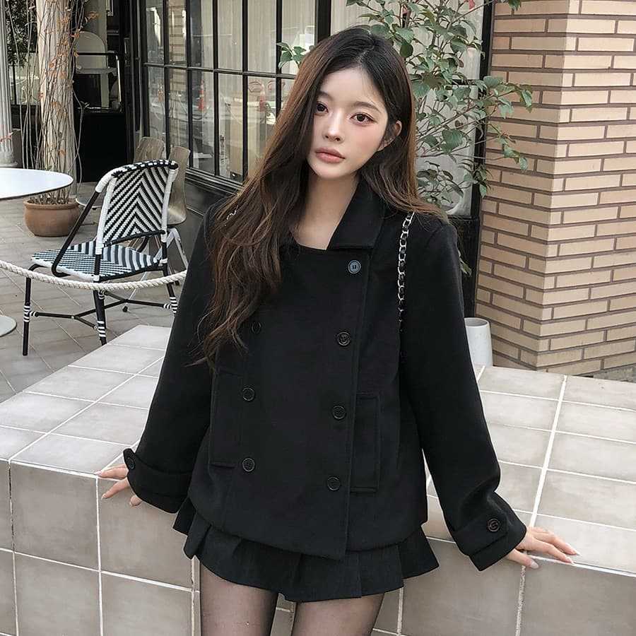 재고 있음 한 부서 가을 겨울 새로운 레트로 다용도 학원 스타일 폴로 칼라 이중 버튼 솜을 넣은 짧은 머리 여성 코트 상세 이미지 38