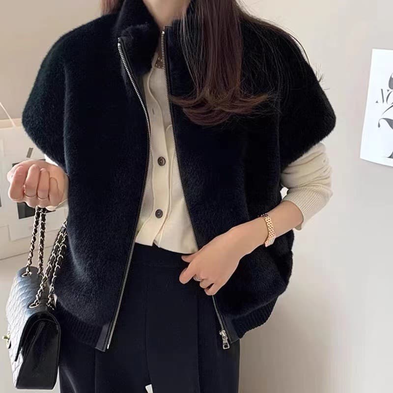 한국 chic 스탠드 칼라 지퍼 루즈핏 모피 베스트 여성 코트 이미지 3