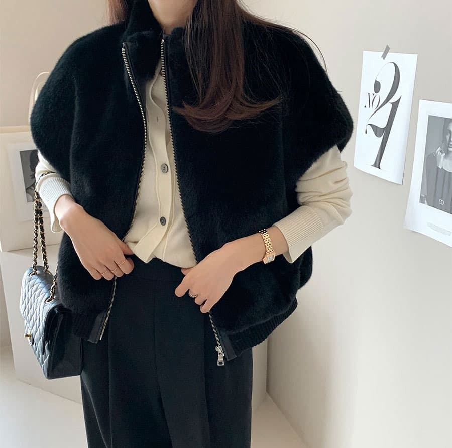 한국 chic 스탠드 칼라 지퍼 루즈핏 모피 베스트 여성 코트 상세 이미지 6