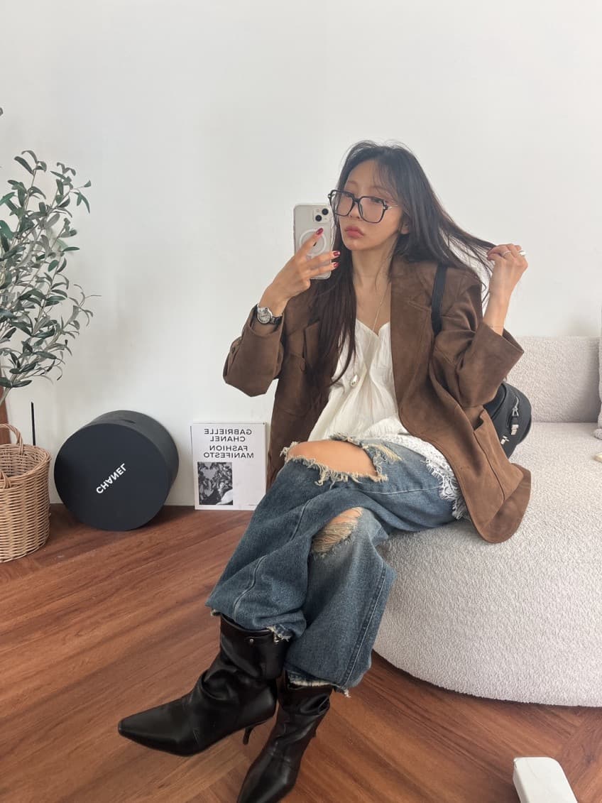 새로운 레트로 고급 센스 스웨이드 원단 캐주얼 긴팔 블레이저 상세 이미지 2