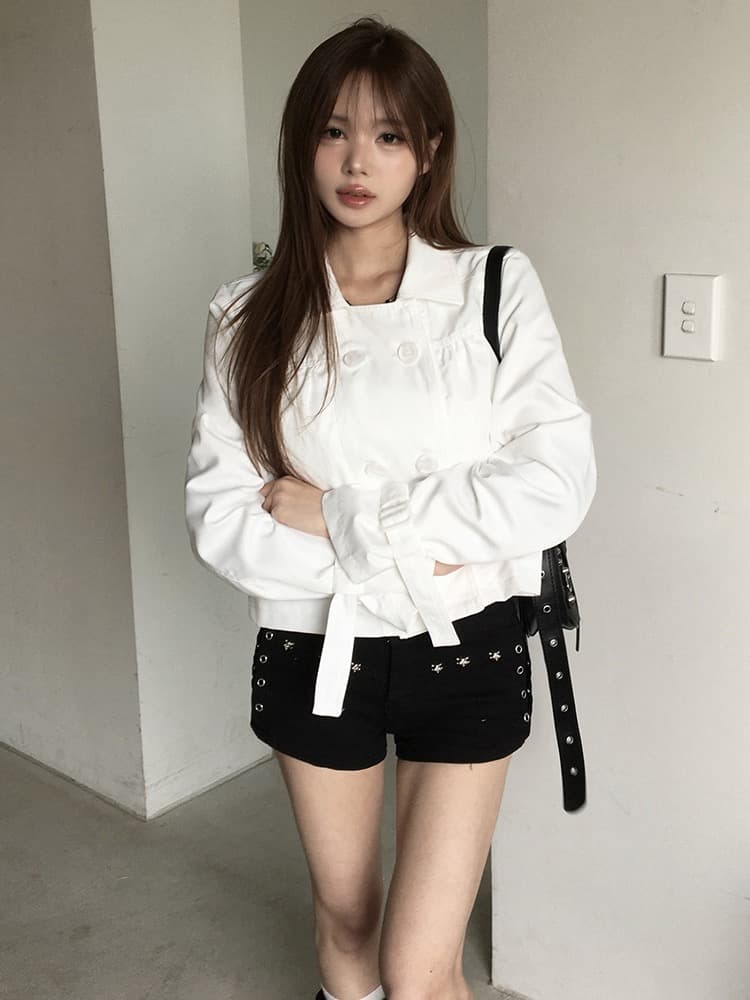 재고 있음 물품 디자인 센스 캐주얼 쇼트 스타일 이중 버튼 폴로 칼라 바람막이 재킷 재킷 이미지 2