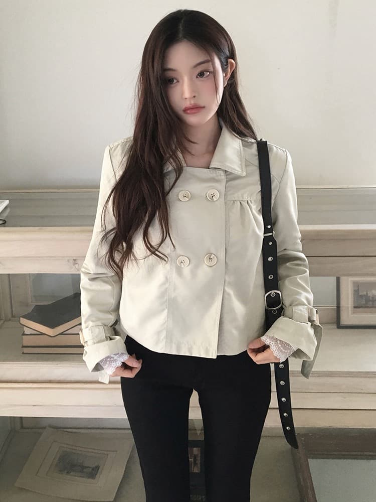 재고 있음 물품 디자인 센스 캐주얼 쇼트 스타일 이중 버튼 폴로 칼라 바람막이 재킷 재킷 상세 이미지 20
