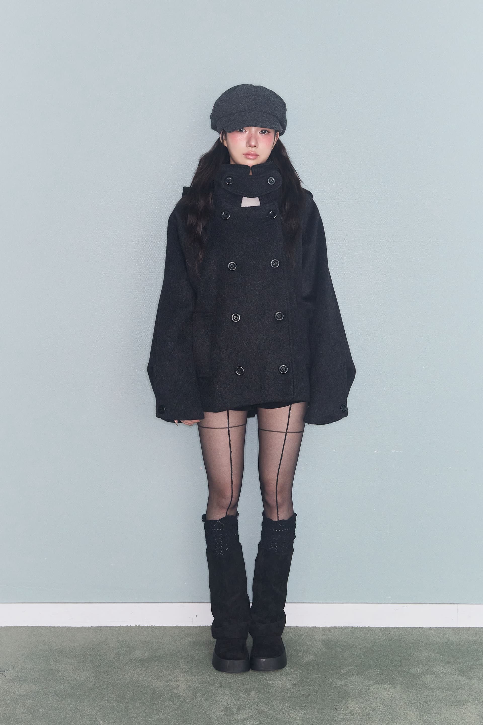두꺼운 루즈핏 에디션 이중 버튼 후드 모직 코트 상세 이미지 9