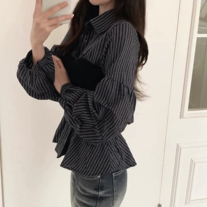 한국 스타일 페이크 레이어드 패치워크 스트라이프 긴팔 여성 셔츠 봄 여름 품격 슬림해 보이는 다용도 맨위 상세 이미지 4