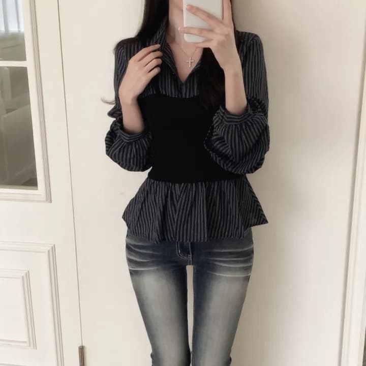 한국 스타일 페이크 레이어드 패치워크 스트라이프 긴팔 여성 셔츠 봄 여름 품격 슬림해 보이는 다용도 맨위 상세 이미지 6