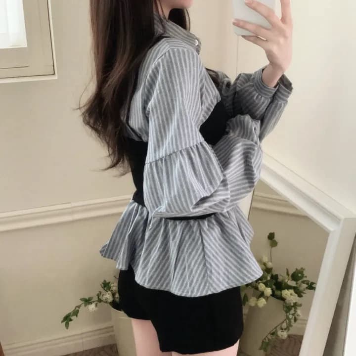 한국 스타일 페이크 레이어드 패치워크 스트라이프 긴팔 여성 셔츠 봄 여름 품격 슬림해 보이는 다용도 맨위 상세 이미지 9