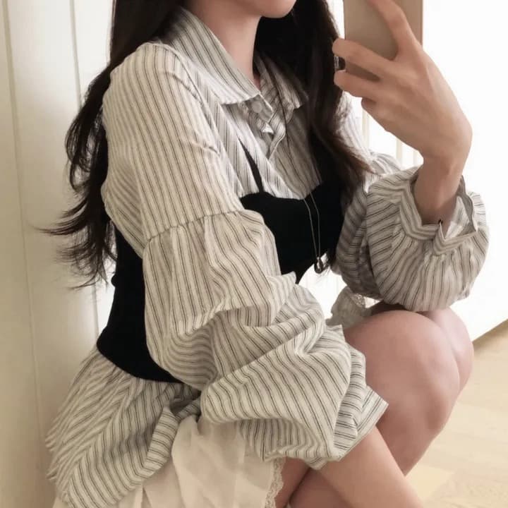 한국 스타일 페이크 레이어드 패치워크 스트라이프 긴팔 여성 셔츠 봄 여름 품격 슬림해 보이는 다용도 맨위 상세 이미지 17