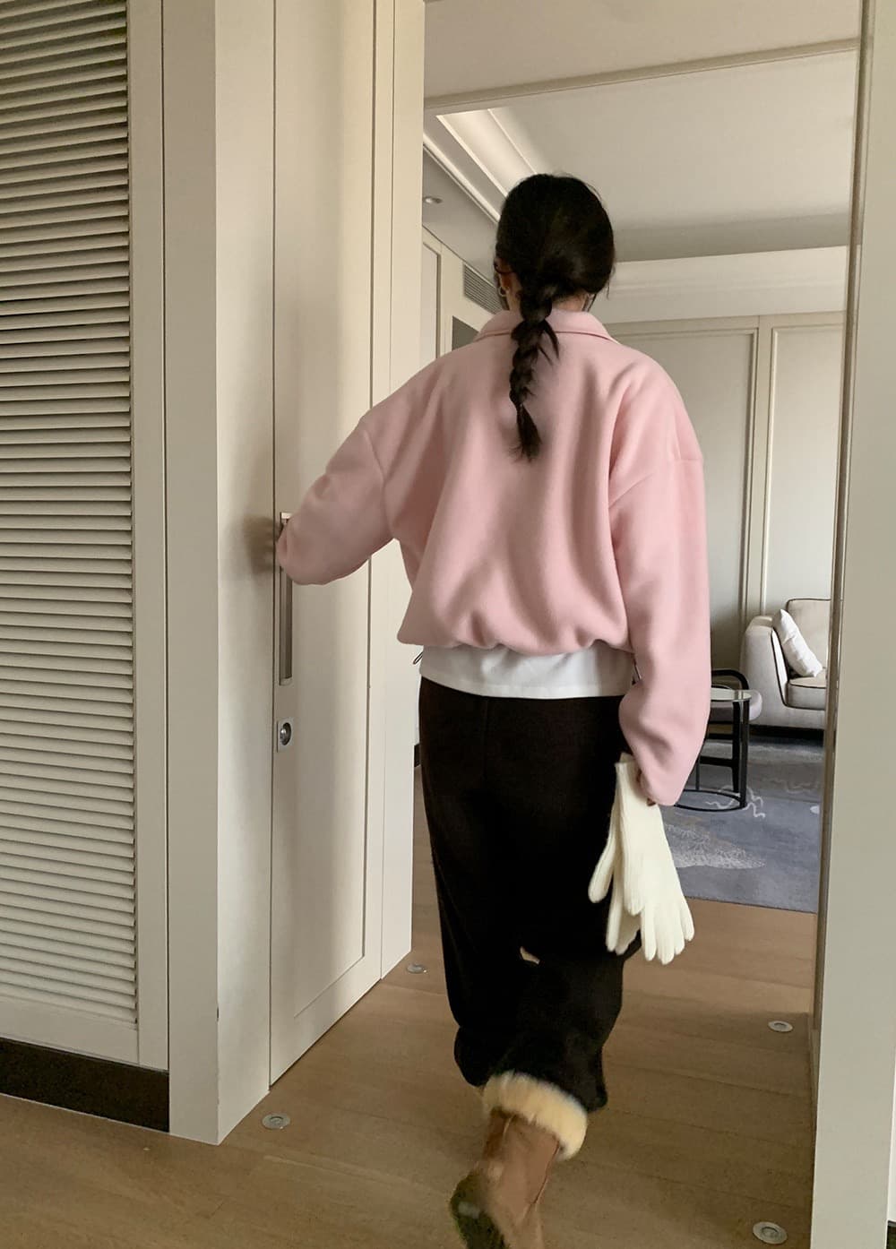 재고 있음 한국 chic 반하이넥 지퍼 플리스 후드티 재킷 상세 이미지 12