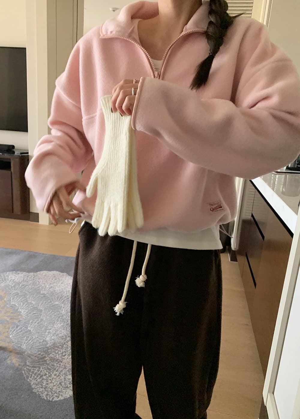 재고 있음 한국 chic 반하이넥 지퍼 플리스 후드티 재킷 상세 이미지 16