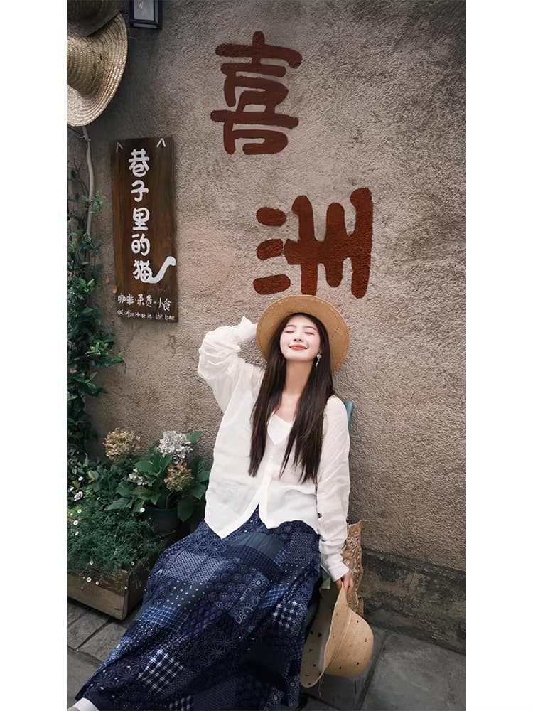 운남 달리 추안 웨스트 신강 여행 착용 가져 가라. 작은 키 일본식 느긋한 바람 세트 프린트 반신 스커트 여성 봄 여름 상세 이미지 5