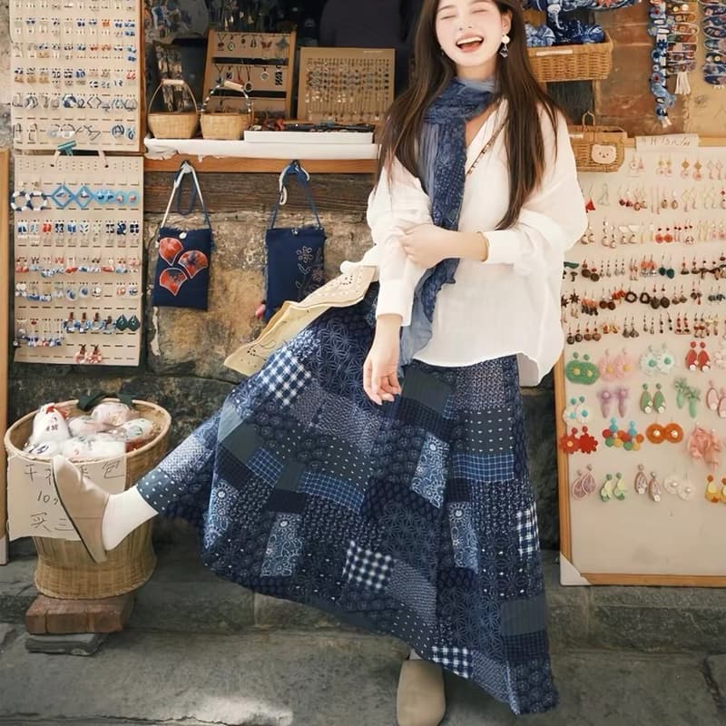 운남 달리 추안 웨스트 신강 여행 착용 가져 가라. 작은 키 일본식 느긋한 바람 세트 프린트 반신 스커트 여성 봄 여름 상세 이미지 6