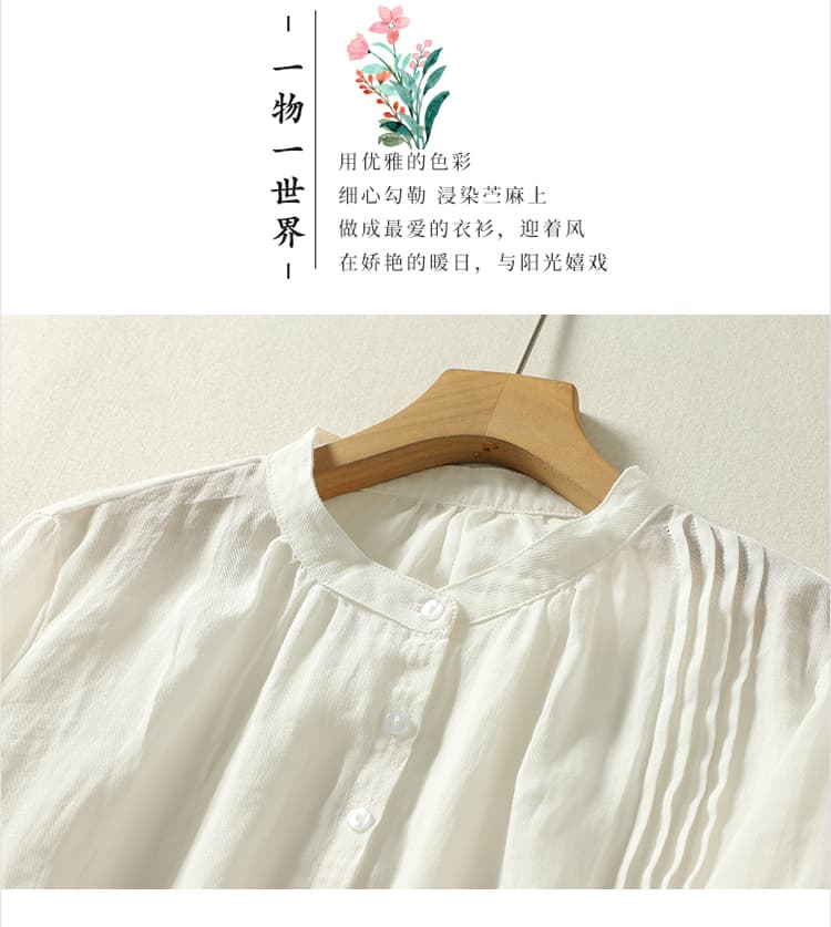여름 여성 의류 새로운 장기 할인 소매 셔츠 단색 면 린넨 맨위 스탠드 칼라 캐주얼 미니멀리즘 루즈핏 종류 상세 이미지 3