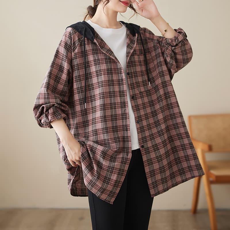 문예 레트로 항구 바람 후드 순면 격자 무늬 셔츠 재킷 가을 여성 새로운 루즈핏 캐주얼 중간 길이 맨위