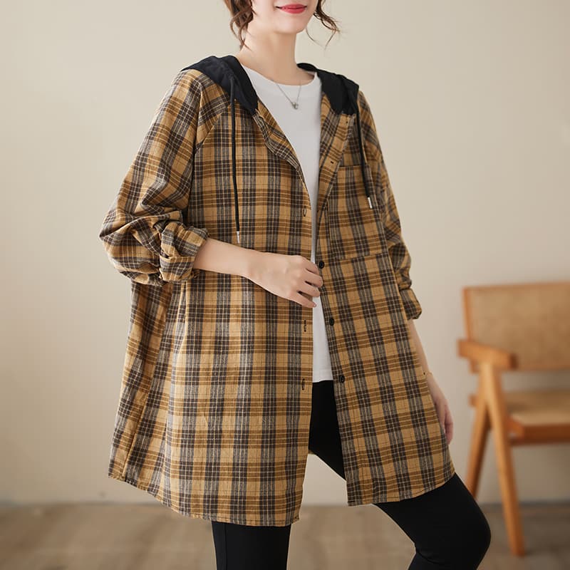 문예 레트로 항구 바람 후드 순면 격자 무늬 셔츠 재킷 가을 여성 새로운 루즈핏 캐주얼 중간 길이 맨위 이미지 5