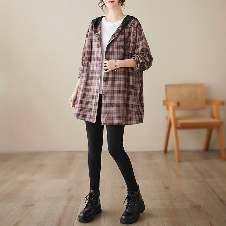 문예 레트로 항구 바람 후드 순면 격자 무늬 셔츠 재킷 가을 여성 새로운 루즈핏 캐주얼 중간 길이 맨위 상세 이미지 2