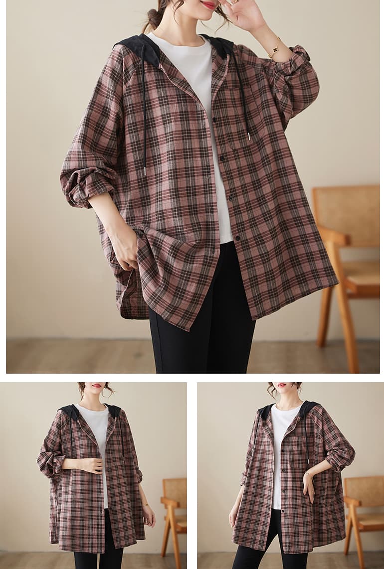 문예 레트로 항구 바람 후드 순면 격자 무늬 셔츠 재킷 가을 여성 새로운 루즈핏 캐주얼 중간 길이 맨위 상세 이미지 7