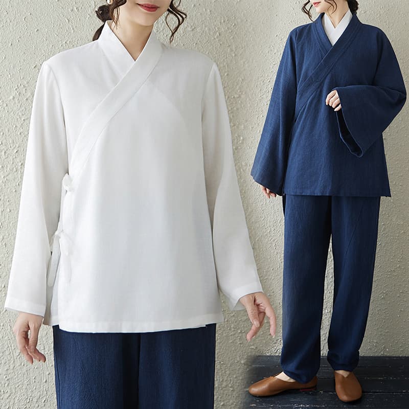 레이스업 검 칼라 로브 면 린넨 봄 여름 우당 왕 또한 비스듬한 襟 로브 피난처 태극권 서비스 남녀 통기성 연습 이미지 2