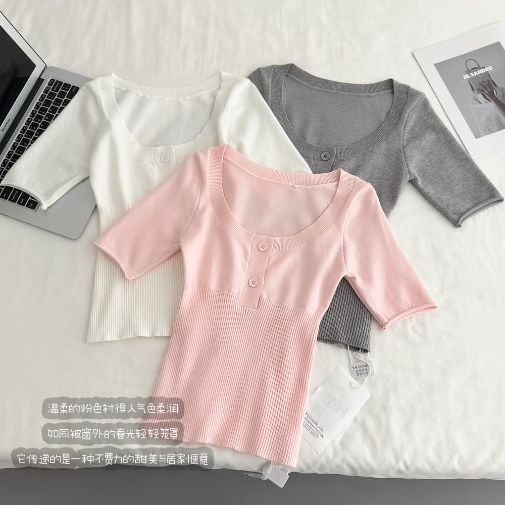 jmshop 첫사랑 보여주기 지혜 단추 u 칼라 니트 스웨터 여성 봄 몸매 가꾸기 다용도 풀오버 만나는 중간 소매 맨위 이미지 6