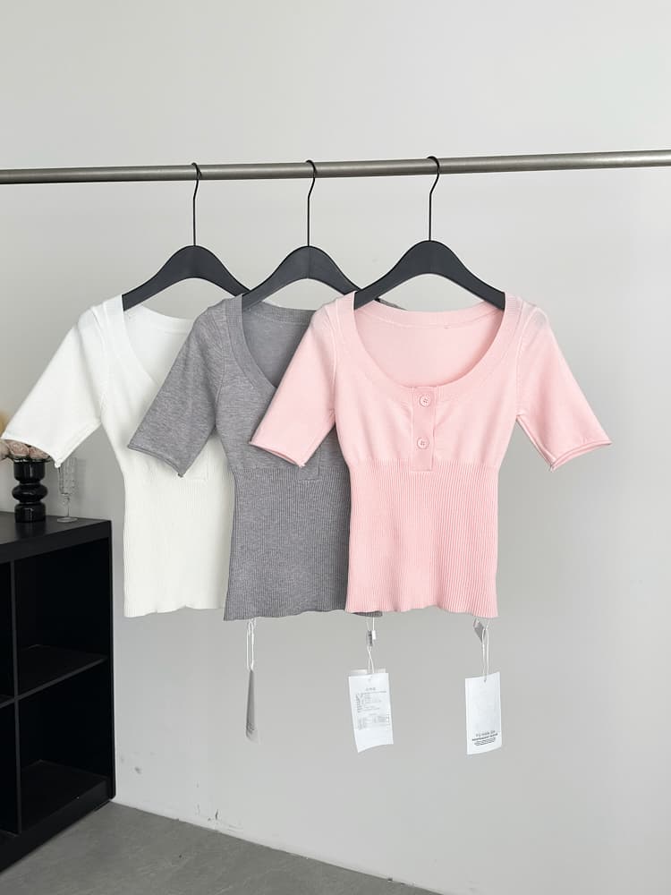 jmshop 첫사랑 보여주기 지혜 단추 u 칼라 니트 스웨터 여성 봄 몸매 가꾸기 다용도 풀오버 만나는 중간 소매 맨위 상세 이미지 3