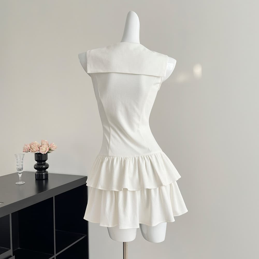 q 여자 집 제주도 소녀 해군 칼라 화이트 드레스 민소매 몸매 가꾸기 케이크 치마 여름 자이언트 잘 생긴 이미지 4