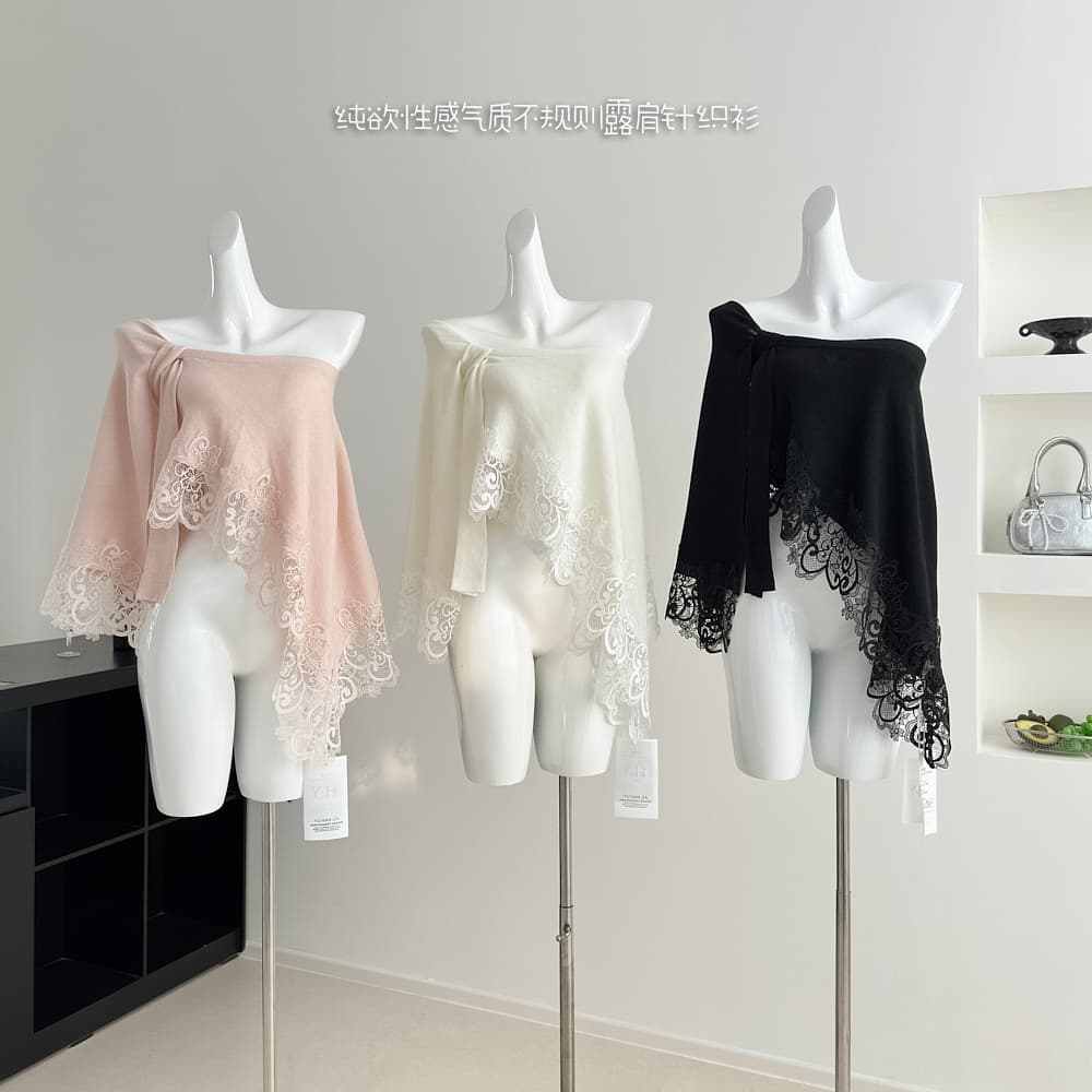 okmashop 화이트 복숭아 천 새싹 오프숄더 맨위 여성 봄 디자인 센스 레이스 순수한 욕망 섹시함 오프숄더 니트 스웨터 상세 이미지 2
