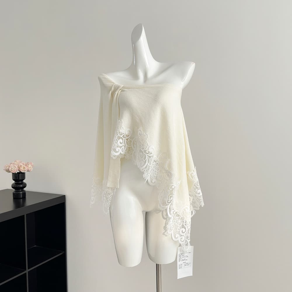 okmashop 화이트 복숭아 천 새싹 오프숄더 맨위 여성 봄 디자인 센스 레이스 순수한 욕망 섹시함 오프숄더 니트 스웨터 상세 이미지 3