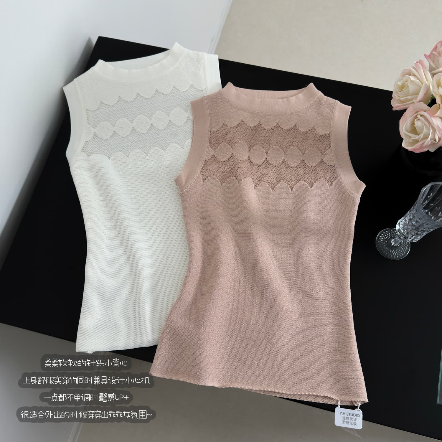 okmashop 부드러운 제직 언어 니트 단어 조끼 여성 봄 여름 몸매 가꾸기 슬림해 보이는 홀로우 아웃 섹시함 라운드 넥 맨위 상세 이미지 21