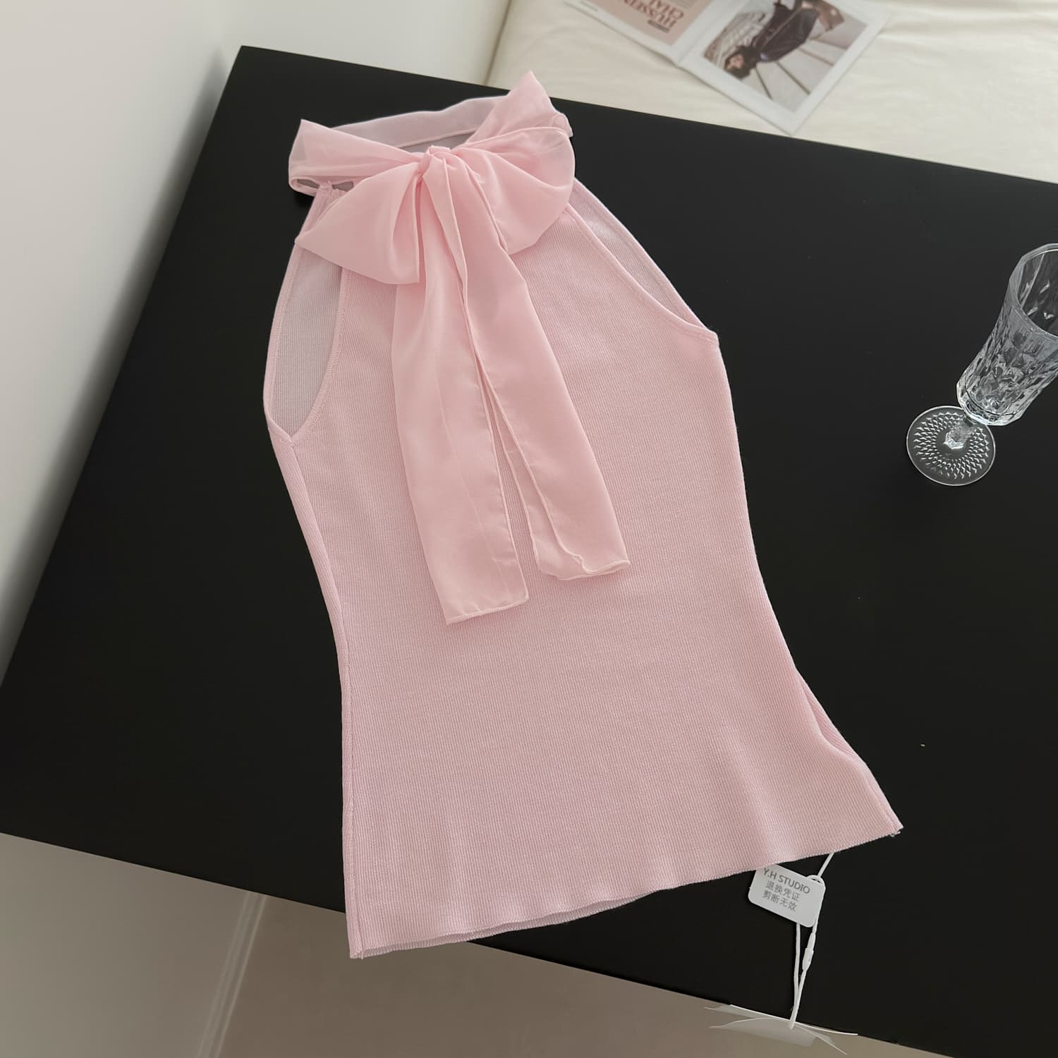 alright then 리본 스탠드 칼라 패치워크 실크 행침 목 허리 수축 모직물 조끼 상세 이미지 29