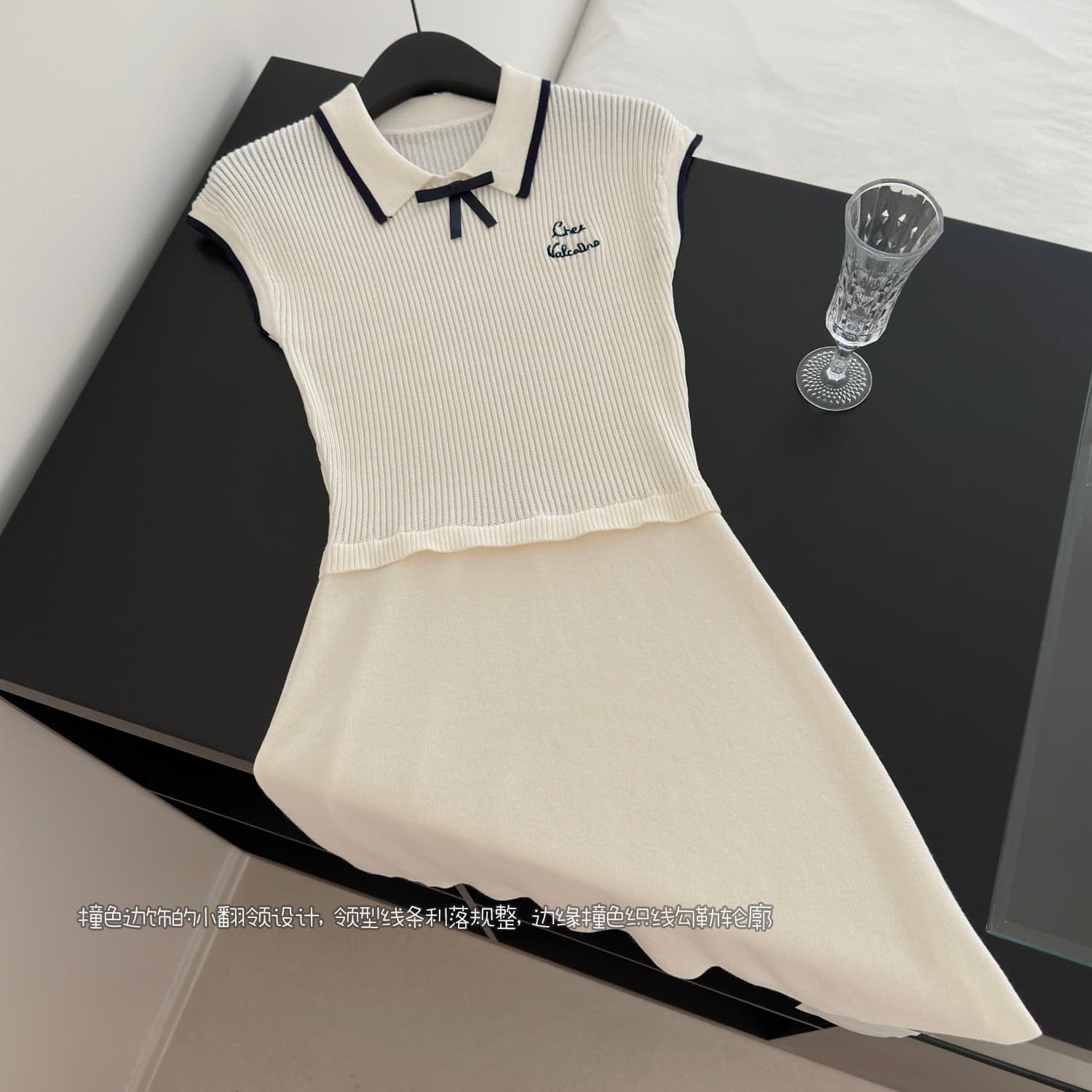 꽃 꽃 실크 니트 원피스 한 부서 화이트 배색 POLO 칼라 학원 스타일 연령 감소 반팔 드레스 상세 이미지 22