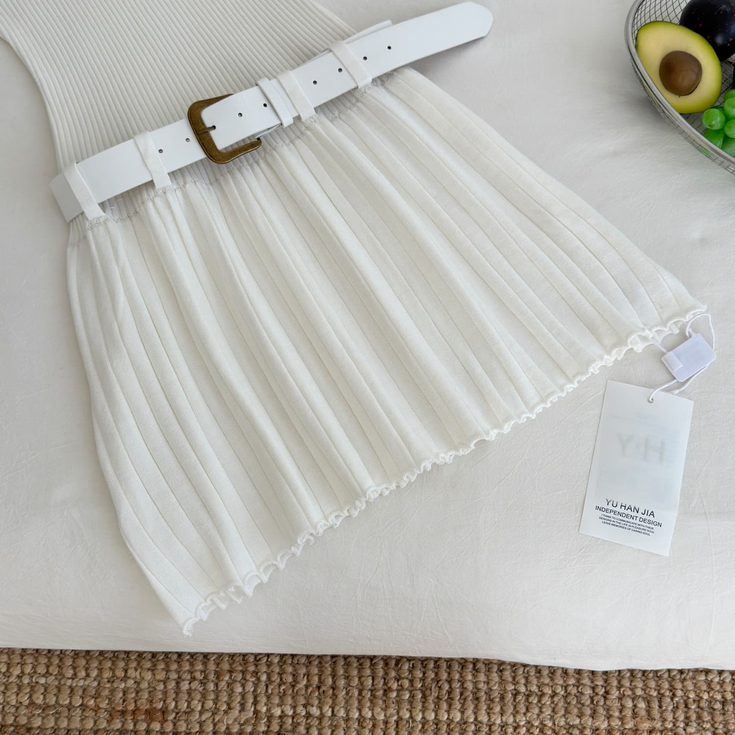 okmashop 화이트 제직 조용한 시리아 니트 행침 목 여성 드레스 여름 섹시함 오프숄더 플리츠 스커트 허리 수축 치마 상세 이미지 23
