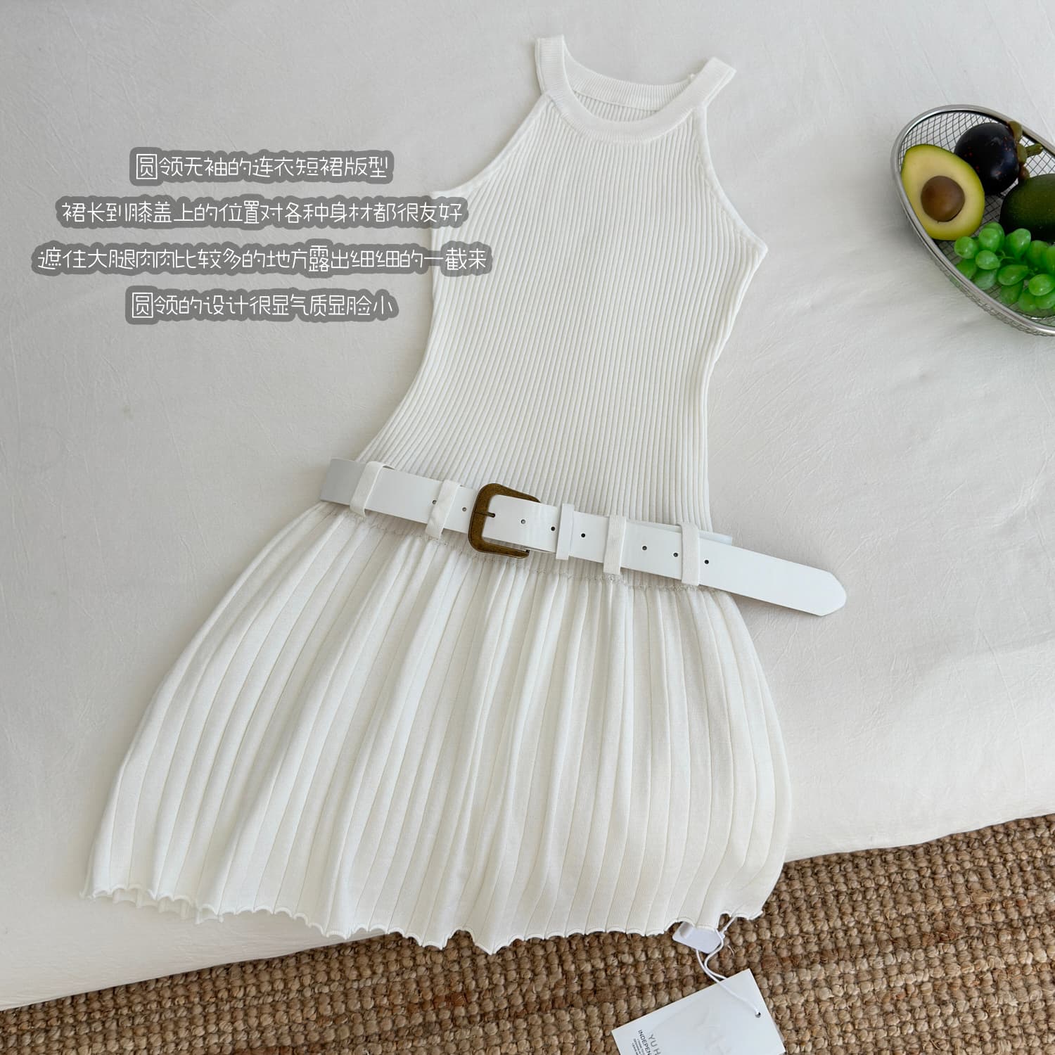 okmashop 화이트 제직 조용한 시리아 니트 행침 목 여성 드레스 여름 섹시함 오프숄더 플리츠 스커트 허리 수축 치마 상세 이미지 25