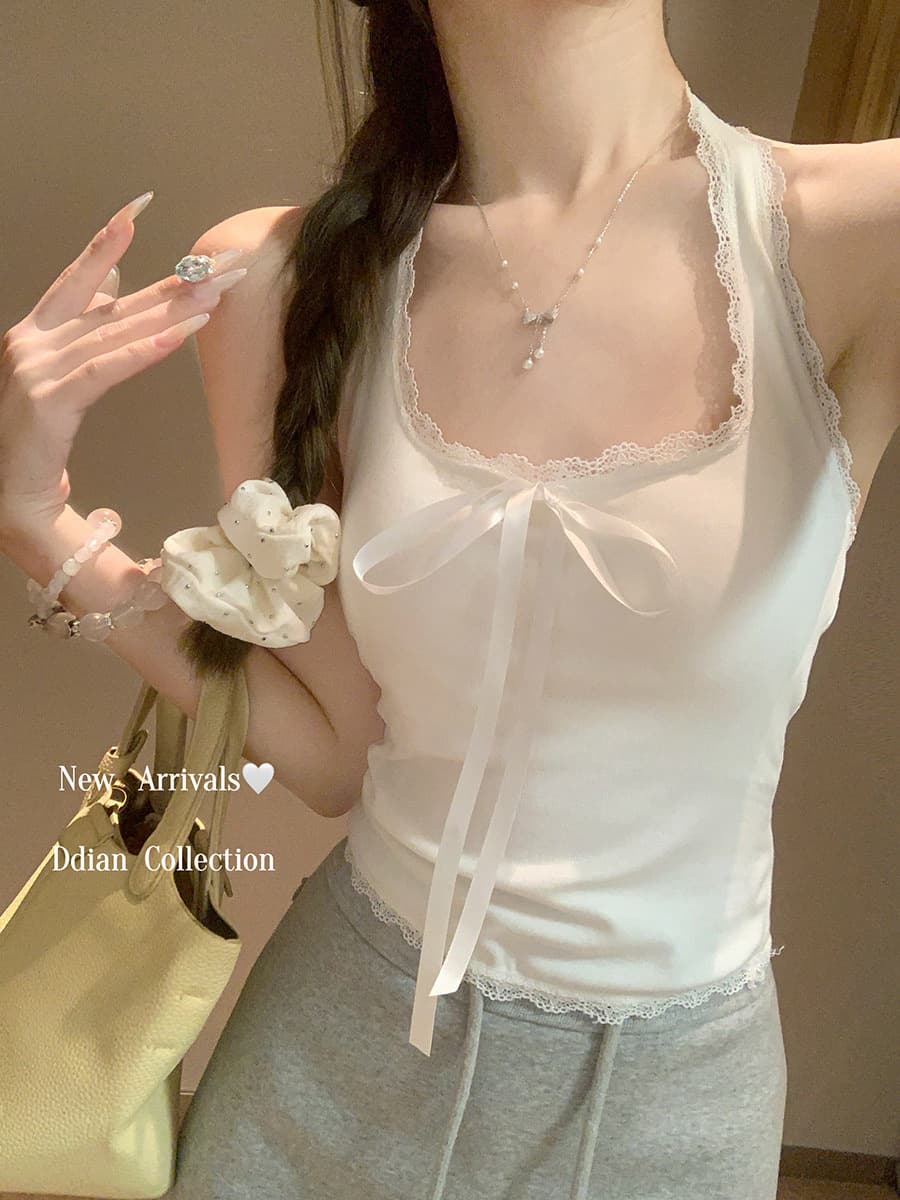 벨트 가슴 패드 달콤한 핫걸 화이트 레이스 측면 행침 목 캐미솔 인사이드 가져 가라. 여름 외출용 miu 부서 상세 이미지 2