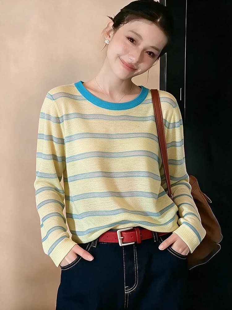 한 부서 미니멀리즘 느슨함 센스 봄 여름 얇은 스타일 통기성 다용도 배색 스트라이프 자외선 차단 블라우스 맨위 기본 셔츠 여성 이미지 3