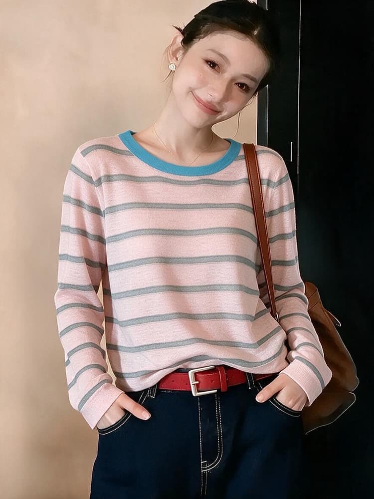 한 부서 미니멀리즘 느슨함 센스 봄 여름 얇은 스타일 통기성 다용도 배색 스트라이프 자외선 차단 블라우스 맨위 기본 셔츠 여성 상세 이미지 8