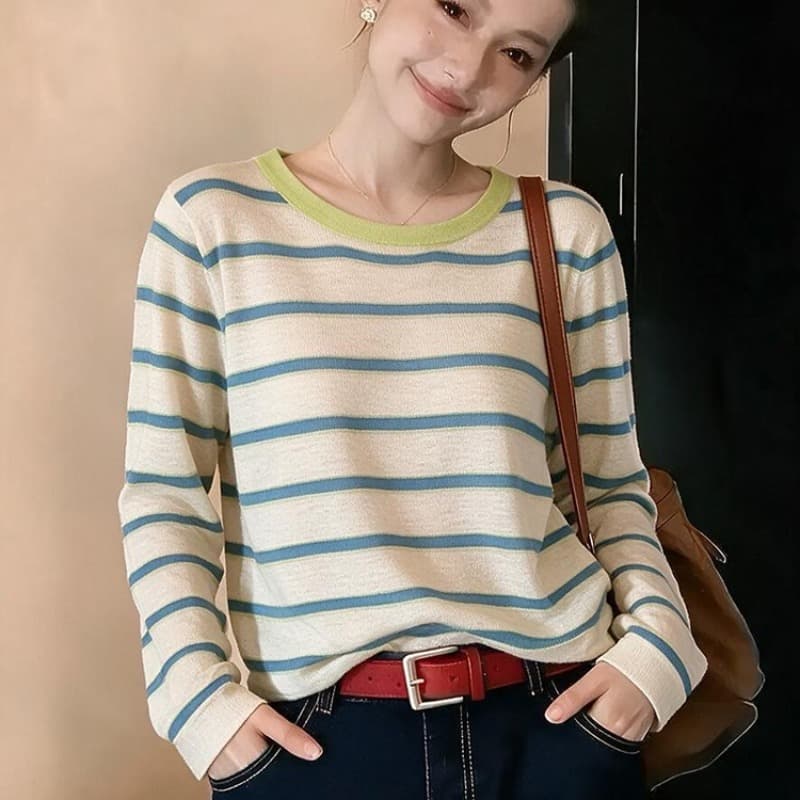 실사 한 부서 미니멀리즘 느슨함 센스 가을 얇은 통기성 다용도 배색 스트라이프 자외선 차단 블라우스 맨위 기본 셔츠 여성 이미지 6