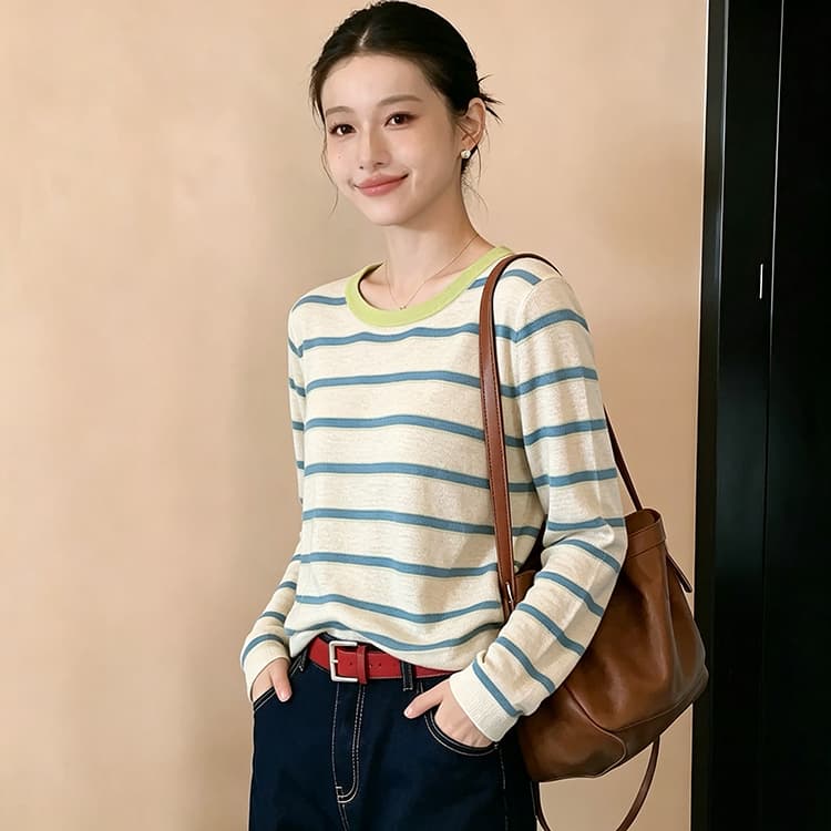실사 한 부서 미니멀리즘 느슨함 센스 가을 얇은 통기성 다용도 배색 스트라이프 자외선 차단 블라우스 맨위 기본 셔츠 여성 상세 이미지 9