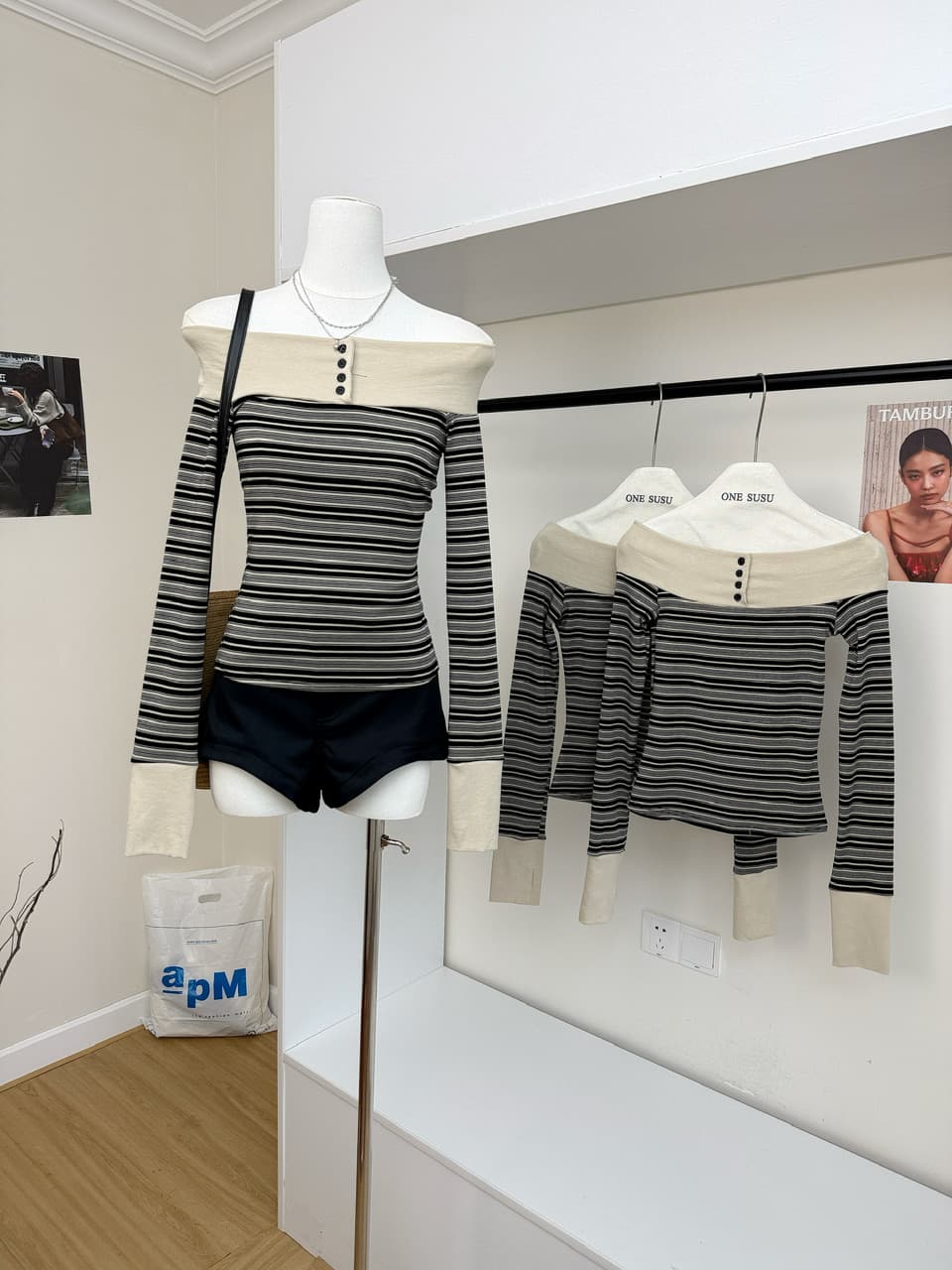 dailydash 세련된 숙박 어린이 라이 경기 서울 오프숄더 배색 스트라이프 긴팔 티셔츠 맨위 이미지 3