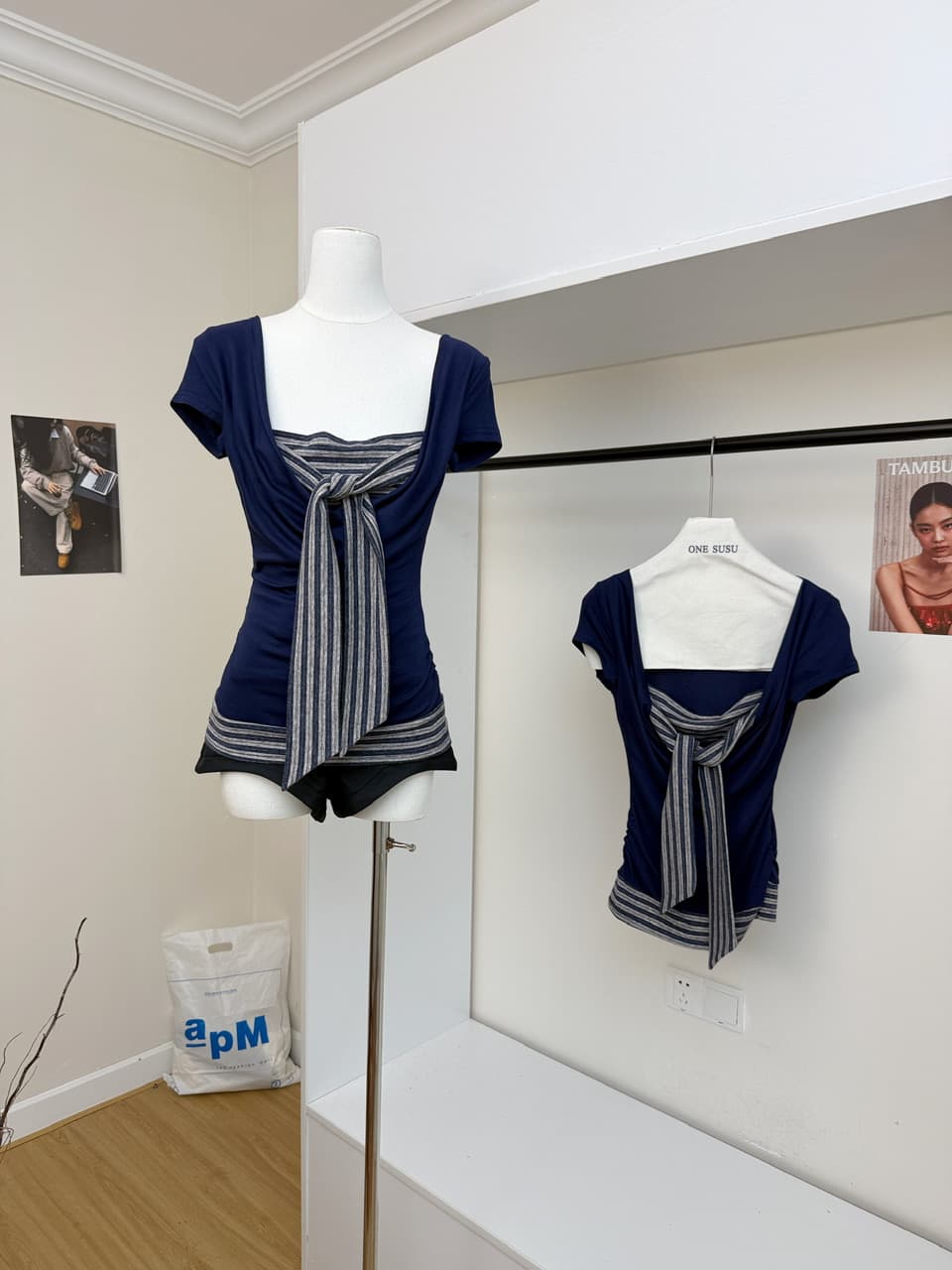 대 말더듬기 다우 시시 빛 틈 블루 레트로 학원 스타일 나비 레이스업 맨위 여름 허리 측면 펌프 Pleat 티셔츠 이미지 3