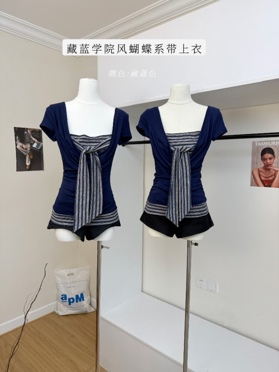대 말더듬기 다우 시시 빛 틈 블루 레트로 학원 스타일 나비 레이스업 맨위 여름 허리 측면 펌프 Pleat 티셔츠 이미지 2