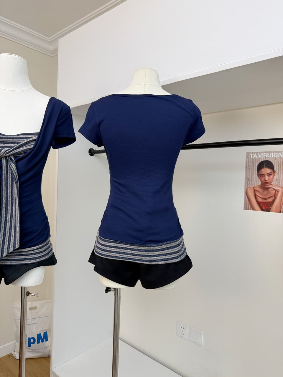 대 말더듬기 다우 시시 빛 틈 블루 레트로 학원 스타일 나비 레이스업 맨위 여름 허리 측면 펌프 Pleat 티셔츠 이미지 5
