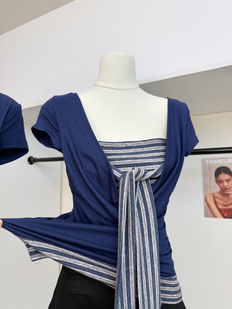 대 말더듬기 다우 시시 빛 틈 블루 레트로 학원 스타일 나비 레이스업 맨위 여름 허리 측면 펌프 Pleat 티셔츠 이미지 4