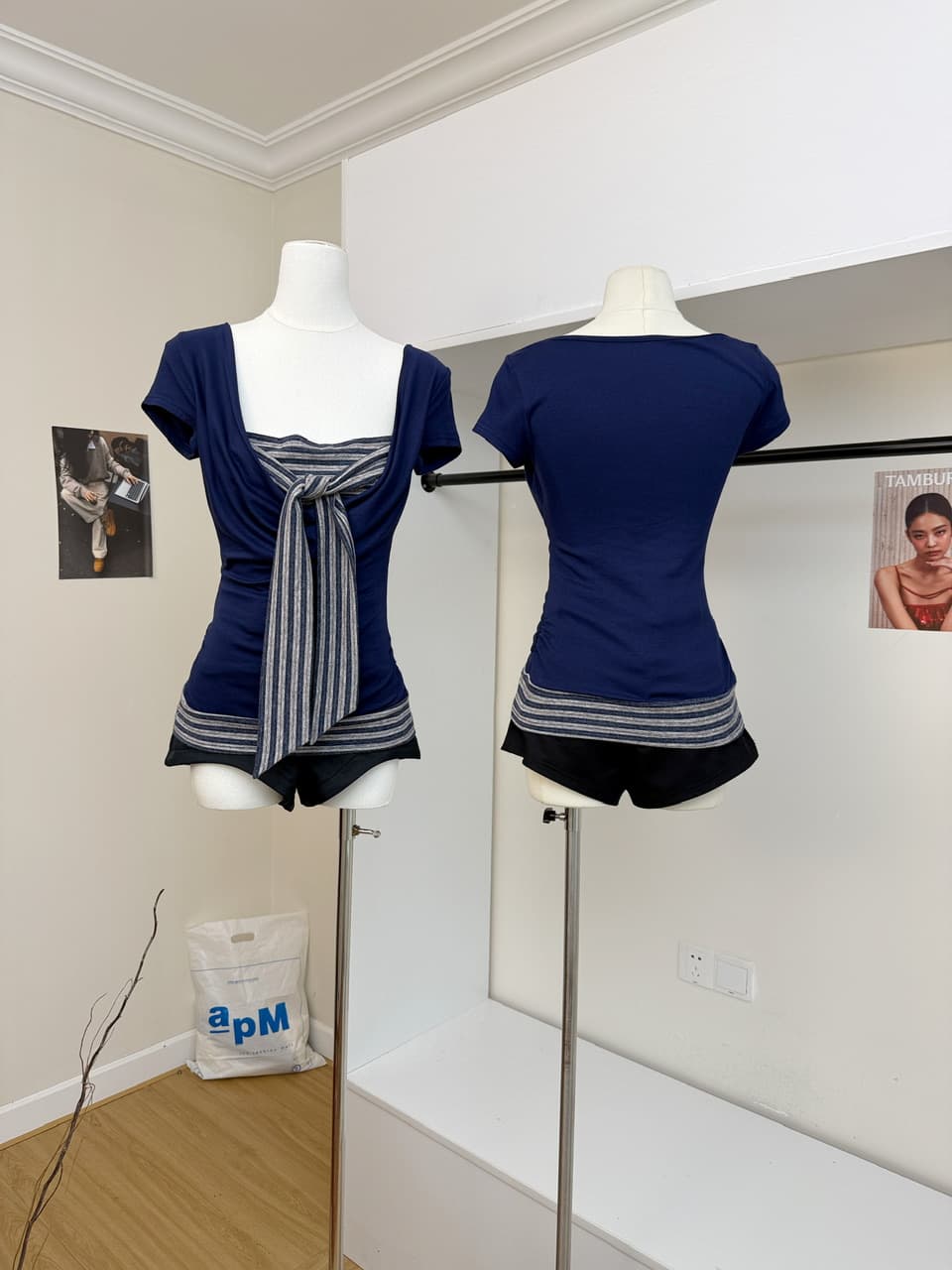대 말더듬기 다우 시시 빛 틈 블루 레트로 학원 스타일 나비 레이스업 맨위 여름 허리 측면 펌프 Pleat 티셔츠 상세 이미지 4