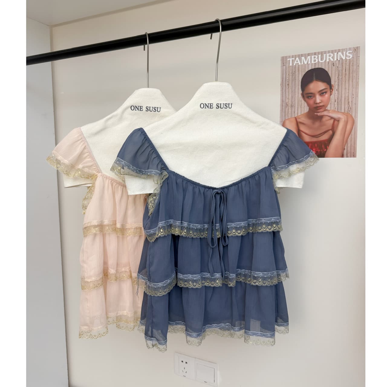 skk store 레이스 삼중주 호흡 센스 프릴 레이스 계층의 감각 작은 날다 소매 맨위 광장 칼라 슬립 이미지 6