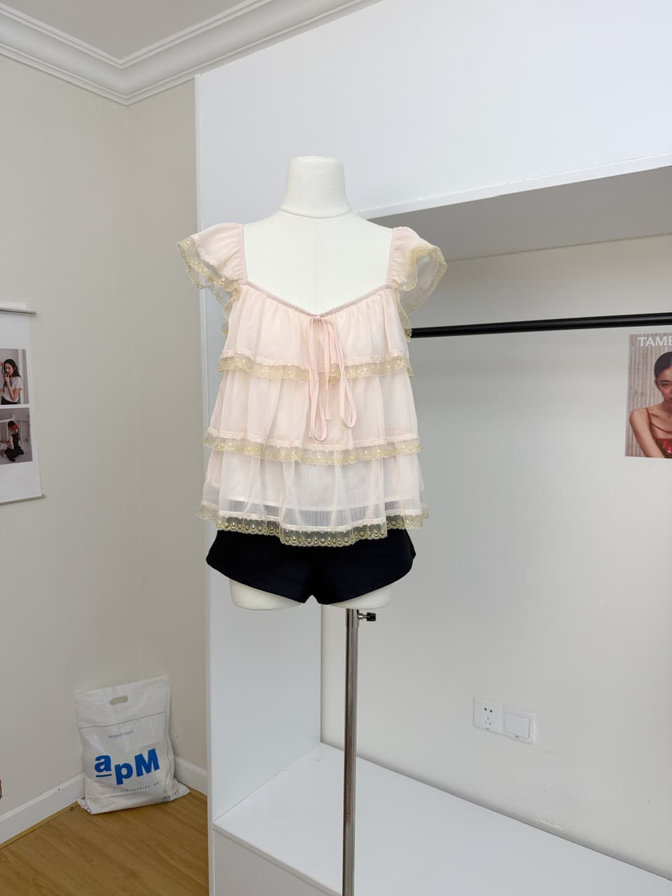 skk store 레이스 삼중주 호흡 센스 프릴 레이스 계층의 감각 작은 날다 소매 맨위 광장 칼라 슬립 상세 이미지 7