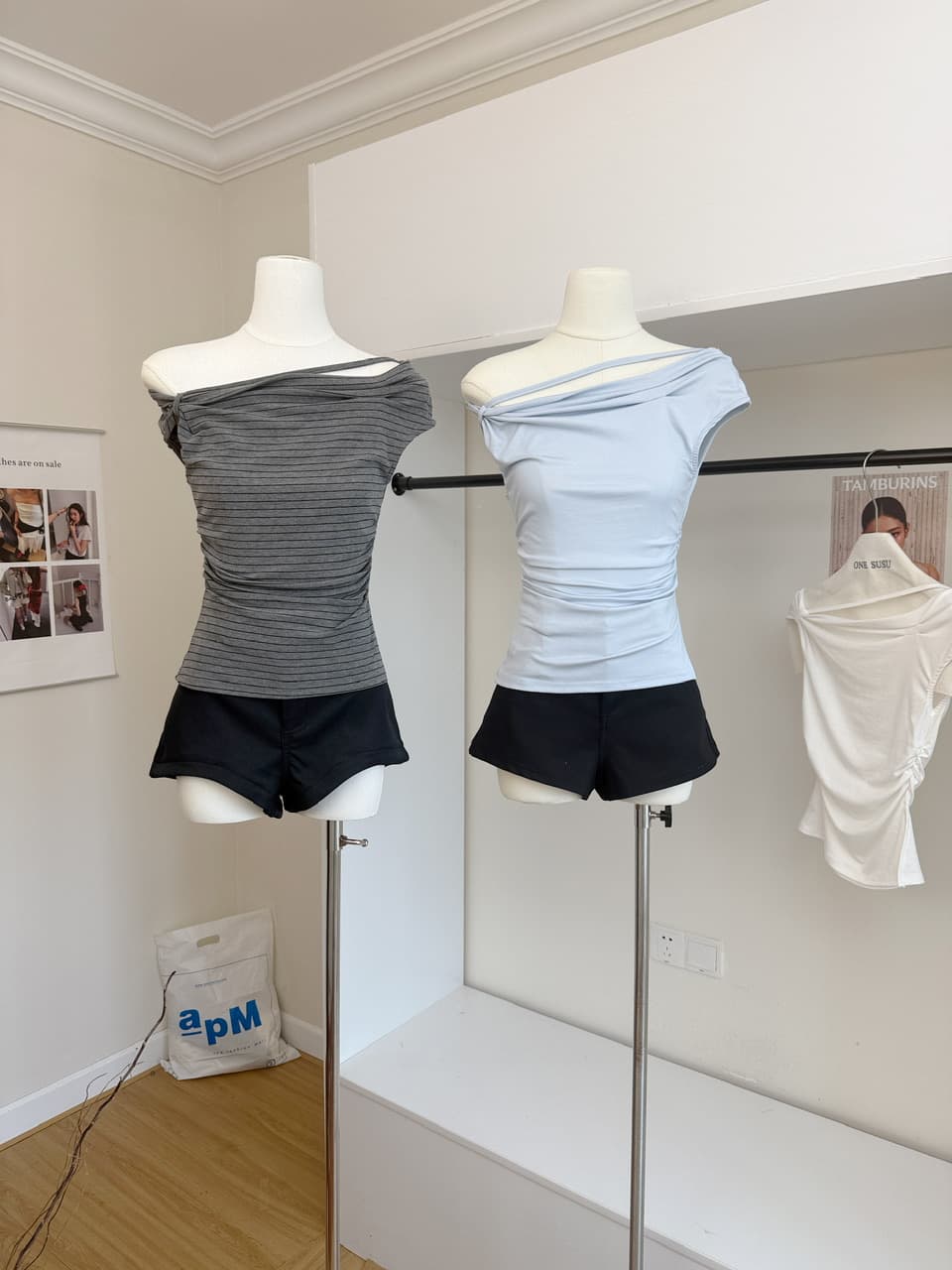 05 26 jmshop 심장 마비 커브 비스듬한 어깨 칼라 깨진 Pleat 허리 수축 트임 반팔 티셔츠 여름 몸매 가꾸기 다용도 상세 이미지 4