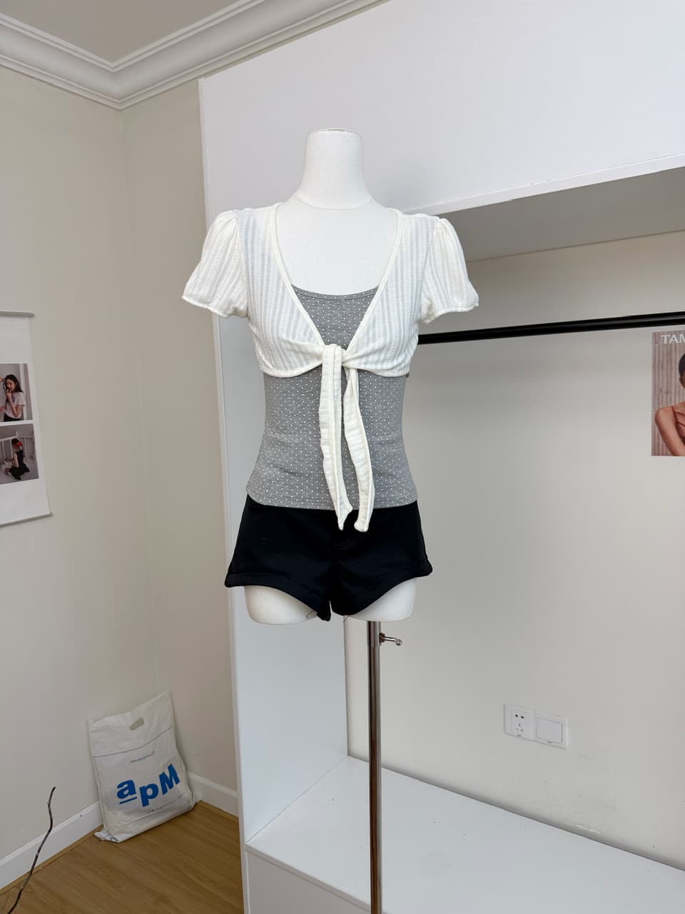 umoumo 우 버섯 여름 달콤함 부서 매듭 페이크 레이어드 도트 무늬 패치워크 티셔츠 몸매 가꾸기 슬림해 보이는 반팔 상세 이미지 8