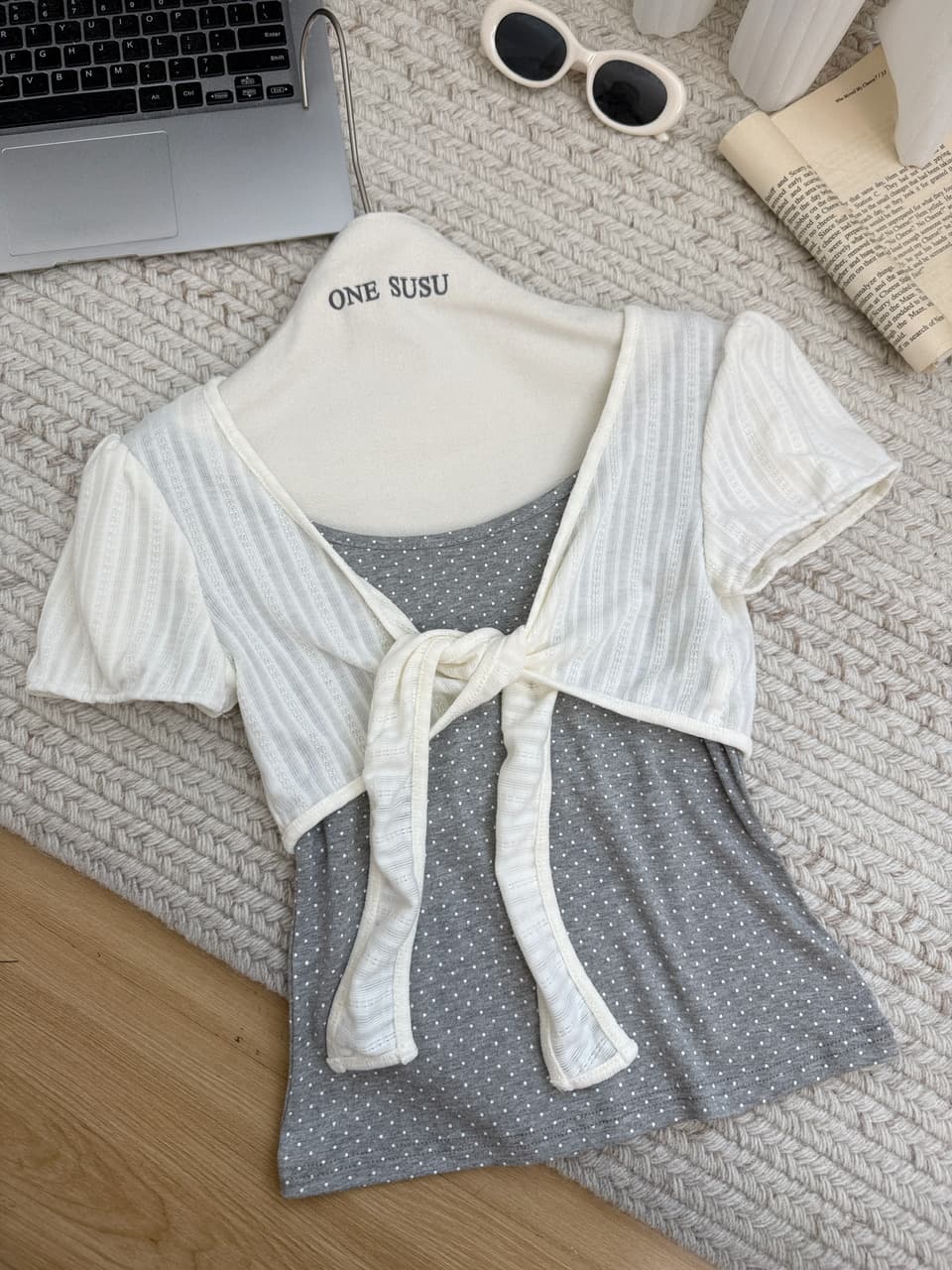 umoumo 우 버섯 여름 달콤함 부서 매듭 페이크 레이어드 도트 무늬 패치워크 티셔츠 몸매 가꾸기 슬림해 보이는 반팔 상세 이미지 12