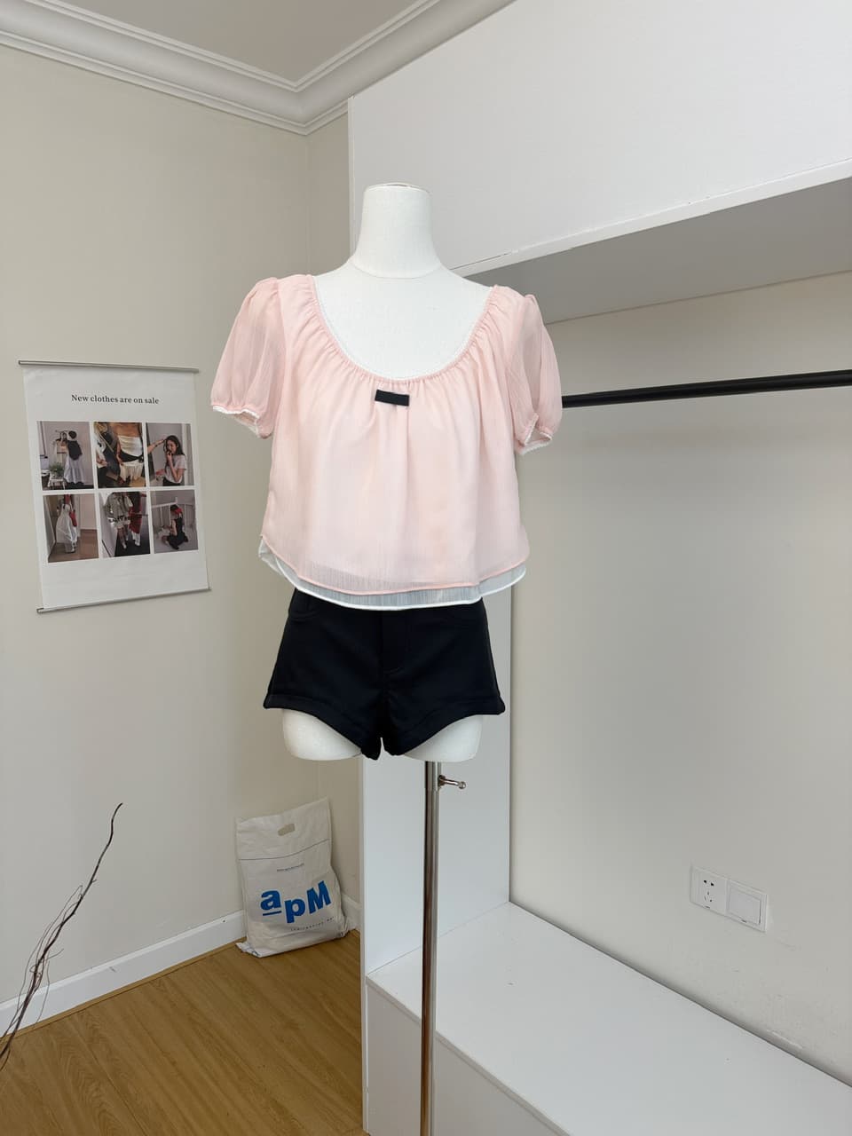 닝 부문 u 칼라 거품 소매 쇼트 스타일 티셔츠 여성 여름 새로운 한 부서 배색 패치워크 슬림해 보이는 루즈핏 슬림해 보이는 맨위 상세 이미지 7